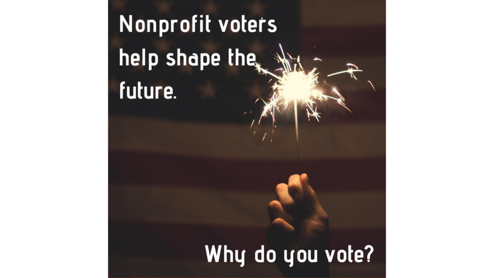 Nonprofit voters help shape the future. Why do you vote? Firecracker image with American flag in the background.